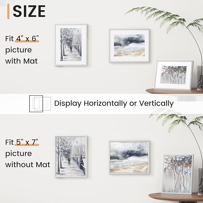 5x7 inch Metal Picture Frame - 5 x 7 Thin Aluminum Photo Frames with 4x6 Removable Mat - High Definition Plexiglass - Ideal for Wall or Tabletop Display - Silver, Set of 4