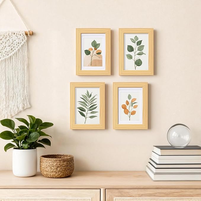 Egofine 4x6 Picture Frames Natural Wood Frames with Plexiglass, Display Pictures 3.5x5 with Mat or 4x6 Without Mat Set of 4 for Tabletop and Wall Mounting