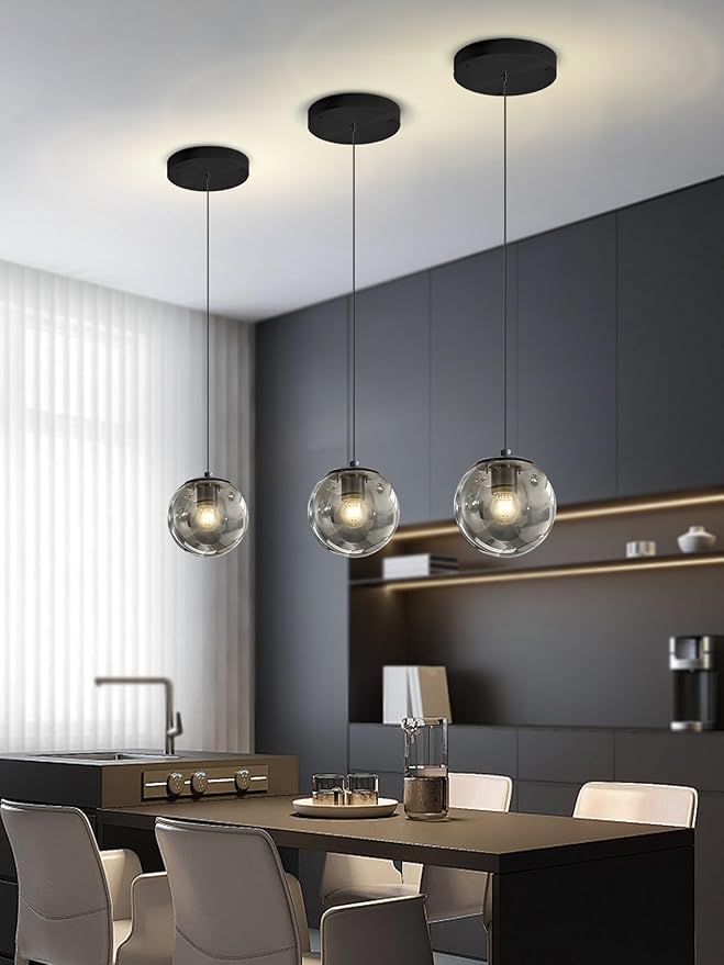 1-Light Black Pendant Light Fixtures Modern Smoke Gray Glass Globe Pendant Lights Kitchen Island Adjustable Hanging Lights Globe Stairwell Lighting Black Chandelier for Dining Room