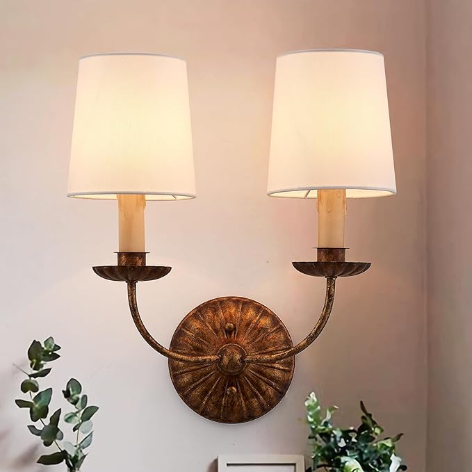 2-Lights Fabric Wall Sconces Antique Brushed Brass Wall Lights with Melted Candle Classic Mid Century Wall Lamp for Hallway Vanity Bedside Doorway, UL Listed