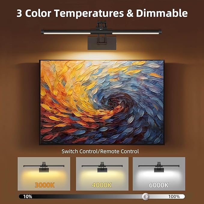24“ Picture Lights for Wall Battery Operated, Wireless Picture Lights with Remote, Rechargeable Wall Light 3000K/4000K/6000K Dimmable, Art Lighting for Paintings Frame Gallery Dartboard Light, Black