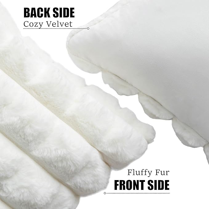Neelvin Cream White Faux Fur Cozy Soft Plaid Decorative Throw Pillow Covers 18x18 inch Set of 2,Velvet Pillowcase Cushion Case for Sofa Couch