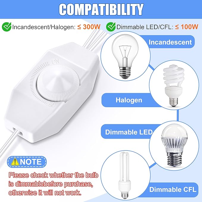Plug in Dimmer, Lamp Dimmer Switch with Cord for Christmas Village Houses Lights Cord, Table or Floor Lamps, Incandescent/Halogen, Dimmable LED/CFL Lights, Rotary Control, 150W, 12.7 Feet