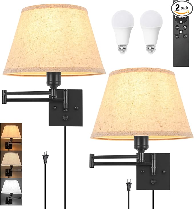 TRLIFE Wall Sconce Plug in, Remote Control Dimming 10-100% and Adjustable Color Temperature 2700K-6500K Swing Arm Wall Lights with Plug in Cord, 11.8" Large Beige Fabric Shade(2 Pack, 2 Bulbs)
