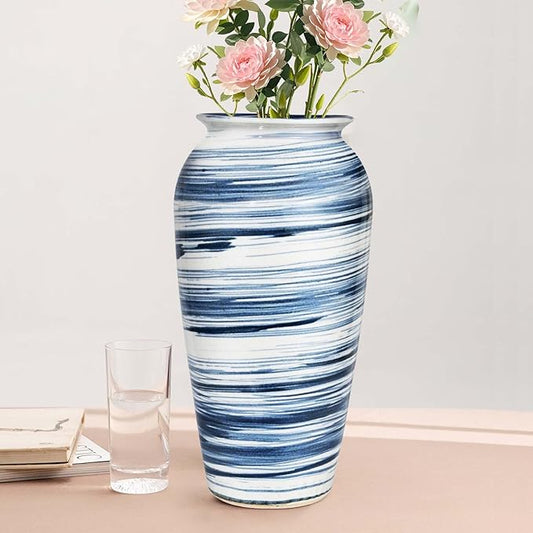 Decorative Ceramic Boho Floor Vase, 12 Inch Blue White Striped Tall Modern Flower Vase for Home Decor, Smooth Glaze Pottery Decor for Living Room,Entryway,Office,Shelf,Centerpieces Decor,Housewarming