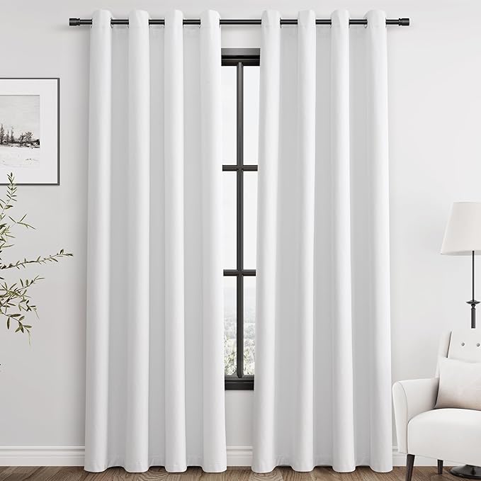 Pure White Linen Blackout Curtains 84 inches Long for Bedroom Modern Elegant White Black Out Curtains Textured Grommet Thermal Insulated Light Blocking Drapes for Living Room Patio Sliding Door