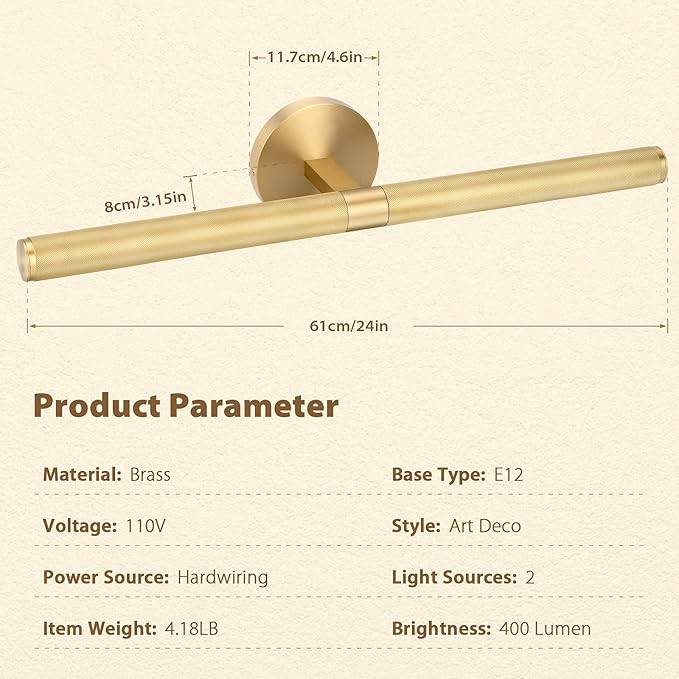 24” Brass Picture Lights, 3000K&6000K Modern Vanity Light, 360° Rotatable Wall Sconces Lampshade, Hardwired Art Light Over Picture Frame for Living Room, Bookcase, Artwork, Brass