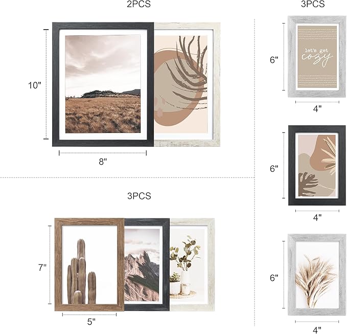 ArtbyHannah Gallery Wall Frame Set,Vintage Multi-color Picture Frames Collage Wall Decor with Neutural Art for Living Room Stariway,8 Pack Assorted Size 8"x10",5"x7",4"x6", Small