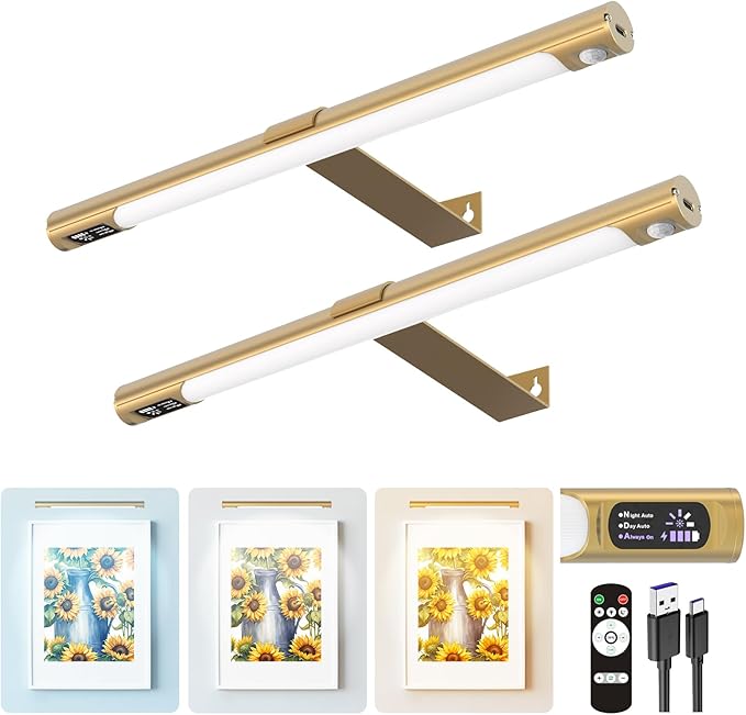 Wireless Picture Lights for Wall 2 Pack, Remote Control, 3 Color Dimming and Timer, 14in Rechargeable Art Display Light with Digital Display, Portrait Lights for Painting Frame Dartboard Gold