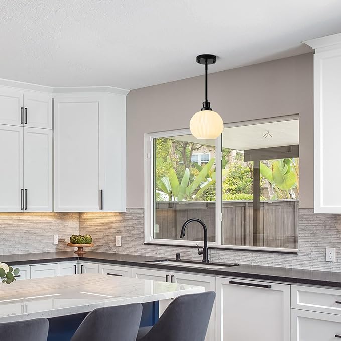 Milk Glass Pendant Lights Kitchen Island, 1-Light 7.1" Black Modern Pendant Light Fixtures with Rods, Globe Hanging Lighting for Kitchen Sink Bathroom Dining Room, E26 Base