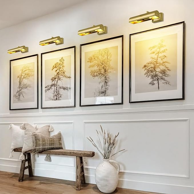 Picture Light 12" Brass Picture Lights for Wall 2-Light Gold Picture Frame Light Dimmable Art Gallery Light Accent Lighting Bathroom Wall Sconce for Artwork Poster Portrait Library Display