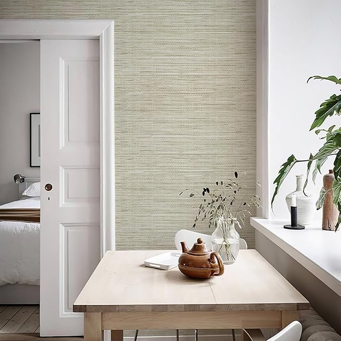 Grasscloth Peel and Stick Wallpaper 17.3" x 197" Renter Friendly, Cream Textured Grassweave Wallpaper Self Adhesive Removable for Bathroom Bedroom