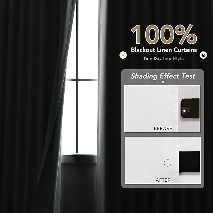 100% Blackout Linen Curtains for Bedroom Thermal Insulated Grommet Complete Blackout Drapes 63 Inch Length 2 Panels Set Heat and Full Light Blocking Living Room Darkening Curtains Ivory