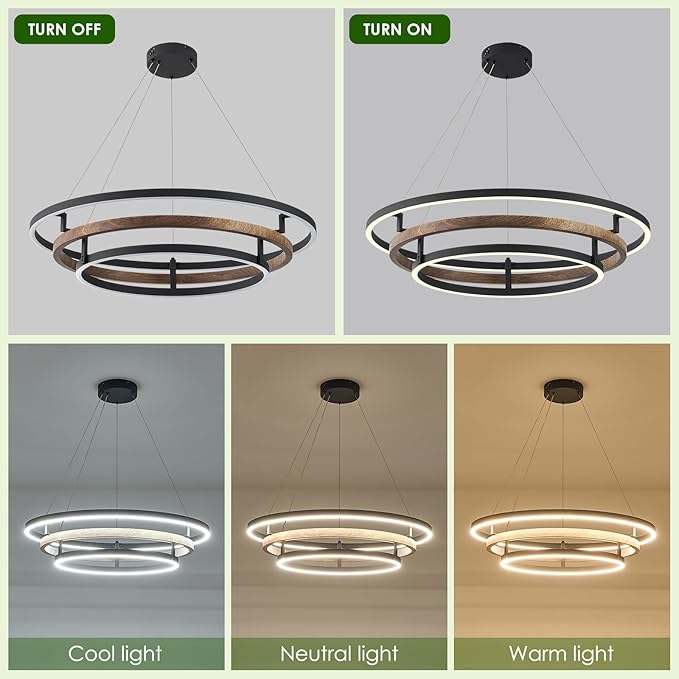 3 Rings Modern LED Chandelier Black Dimmable Circular Pendant Light for Dining Room, Foyer Chandelier with Remote Control Flush Mount High Ceiling Light for Kitchen Living Room, D30.7In