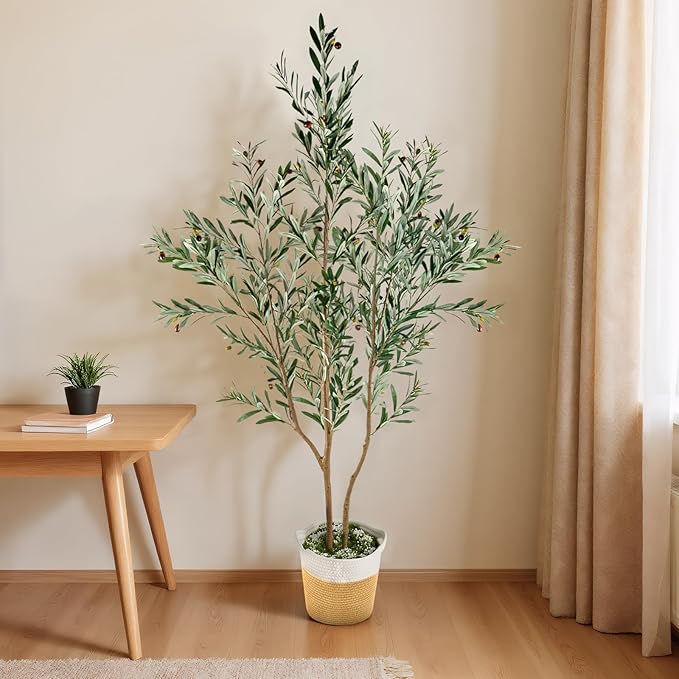 kockuu Olive Trees Artificial Indoor with LED Light, 6FT Tall Faux Olive Tree Plant with Basket and Natural Wood Branches & Fruits, Fake Tree Planter for Living Room Home Office Decor