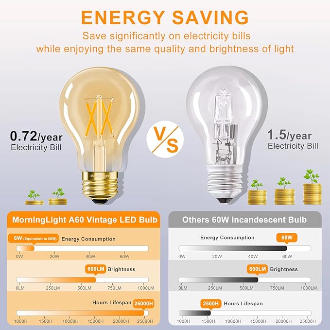 MorningLight 6 Pack Dimmable A19 LED Edison Bulbs 60W Equivalent, 6W 2700K Warm White Vintage LED Light Bulbs, A19 Classic Decorative Amber E26 Light Bulb 60W for Pendant, Sputnik Chandelier, 600LM