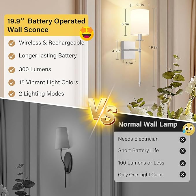 19.9 Inch Battery Operated Wall Sconces Set of 2 with Remote, Brushed Nickel Rechargeable Wireless Wall Lights with White Fabric Shade, Cordless Wall Lamps with Dimmable Detachable Bulbs for Bedroom