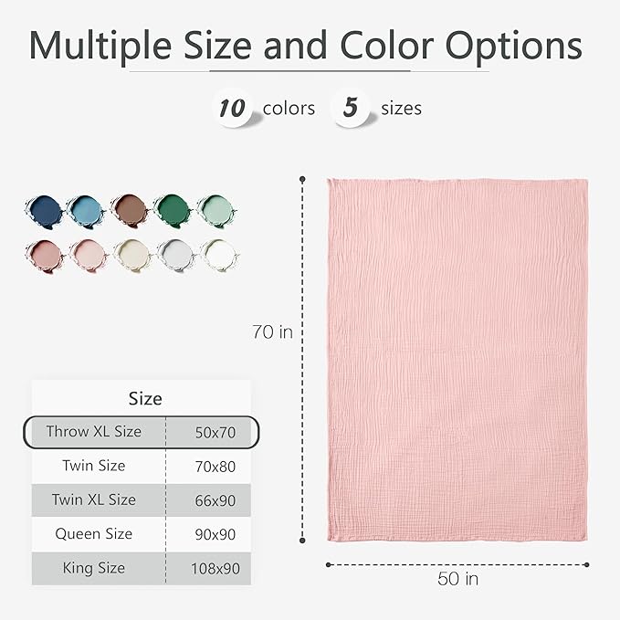 Carriediosa 100% Cotton Muslin Throw Blanket 50" X 70" Throw XL Size，4-Layers Summer Gauze Throws for Bed Couch，Soft Lightweight Breathable Linen Blankets Bedspread for Adults All Season，Dusty Pink