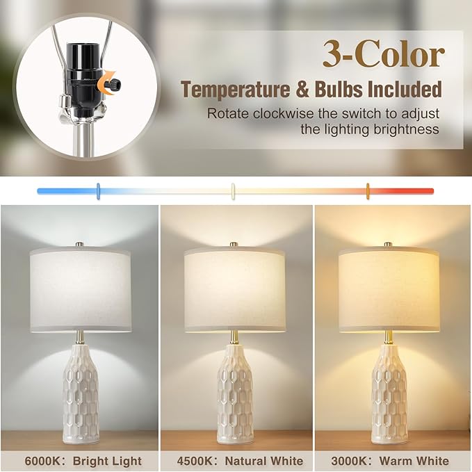 Luvkczc 24.8" Ceramic Table Lamps Set of 2 with 3 Color Temperature & Bulbs Included - Bedside Lamps for Nightstand, Living Room, Bedroom, Home Office Decor