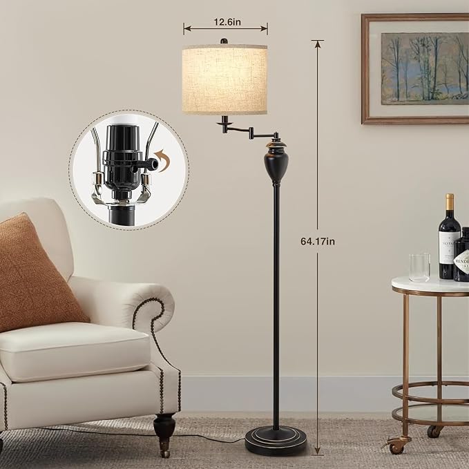 Floor Lamp for Living Room, 3 Color Temperature 350° Adjustable Swing Arm Floor Lamp Vintage Standing Lamp Traditional Farmhouse Tall Floor Lamps for Bedroom Office Home Nursery Study Room Hotel