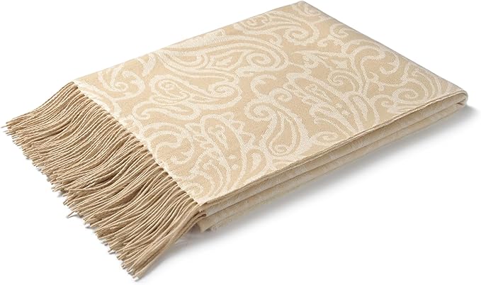 CUDDLE DREAMS Premium Cashmere Throw Blanket with Fringe, Luxuriously Soft (Paisley Beige)