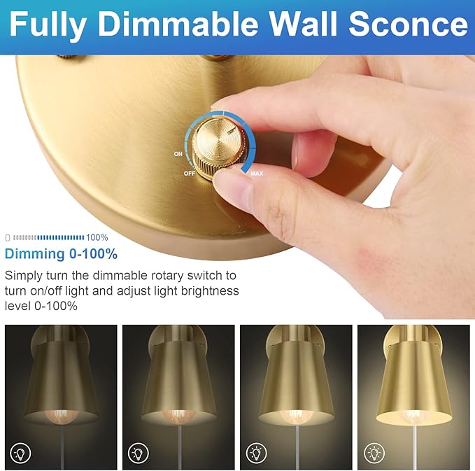 Plug in Wall Sconces, Dimmable Wall Sconces Adjustable Angle Wall Lights with Plug in Cord and Dimmer On/Off Knob Switch, Gold Wall Mounted Light for Bedroom Bedside Stairway(2 Pack, 2 Bulbs)