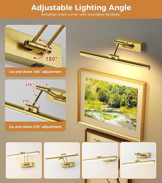 Joossnwell Picture Lights for Wall Battery Operated Art Light for Painting Wireless with Remote Rechargeable Brass Gallery Lighting 15.43 Inch for Portrait Library Artwork