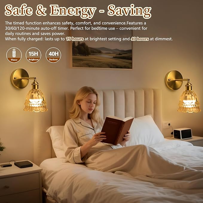 Vintage Battery Operated Wall Sconce with Flower lampshade,Rechargeable Battery Powered Wall Lights,Wall lamp with 15 Colors for Bedroom Living Room Home Decor (Lily Amber, 1 Light Battery Operated)