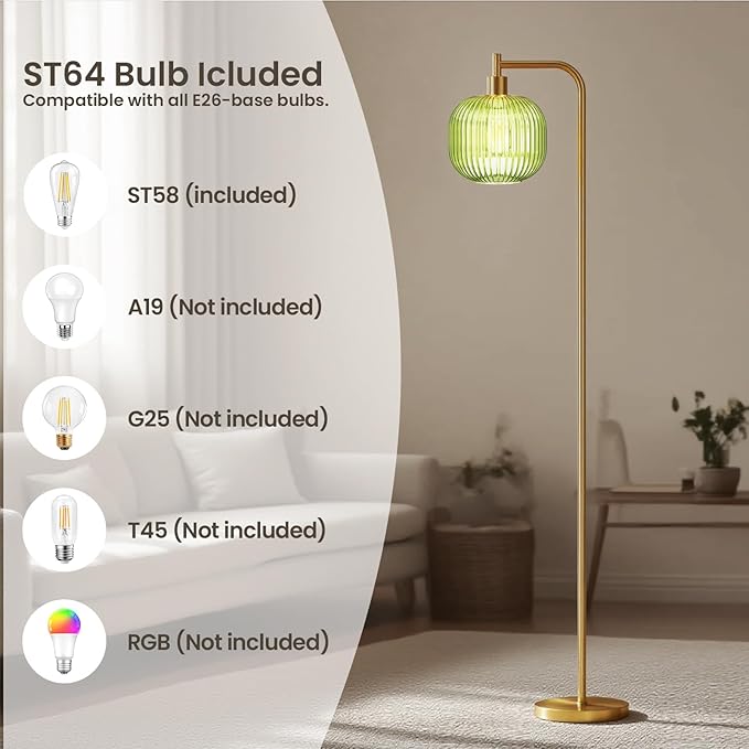 Glass Floor Lamp,67" Modern Standing Lamp with Green Ribbed Glass Lampshade Metal Pole for Living Room, Bedroom, Office - Heavy Base,Pedal Switch(Include E26 Bulb)