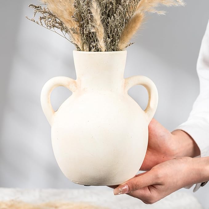 Rustic Ceramic Farmhouse Flower Vase with 2 Handles, Whitewashed Terra Cotta Vase, Decorative Pottery Flower for Home Decor, Table, Living Room, Shelf Decor, 7.3 Inch, White
