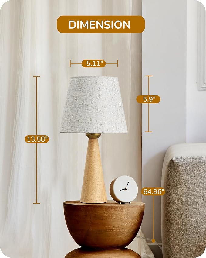EDISHINE 13.58" Small Cute Table Lamp, Wooden Base Bedside Lamp with Beige Linen Lampshade, Space-Saving Nightstand Lamp for Nursery Bedroom Living Room, E26, ON-Off Button, Burlywood Base