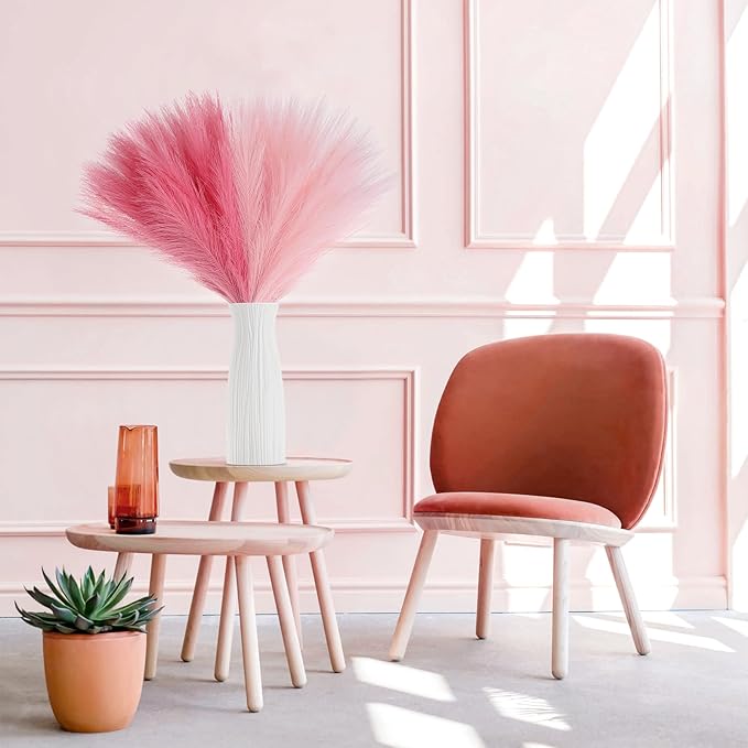 60 Pcs Pampas Grass Pink Decor 21.7" Fluffy Faux Short Pampas Grass Artificial Small Pompas Grass Flower Vase Filler for Home Wedding Decoration