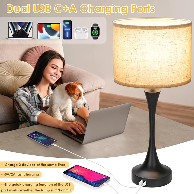 GGOYING 22” Set of 2 Touch Control Table Lamp with USB A+C Ports, 3-Level Dimmable Bedside Lamp with Fabric Lampshade, 3000K LED Bulbs, Nightstand Lamp for Bedroom Livingroom Office, Black