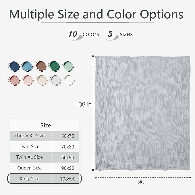 Carriediosa 100% Cotton Muslin Throw Blanket 108" X 90" King Size，4-Layers Summer Gauze Throws for Bed Couch，Soft Lightweight Breathable Linen Blankets Bedspread for Adults All Season，Grey