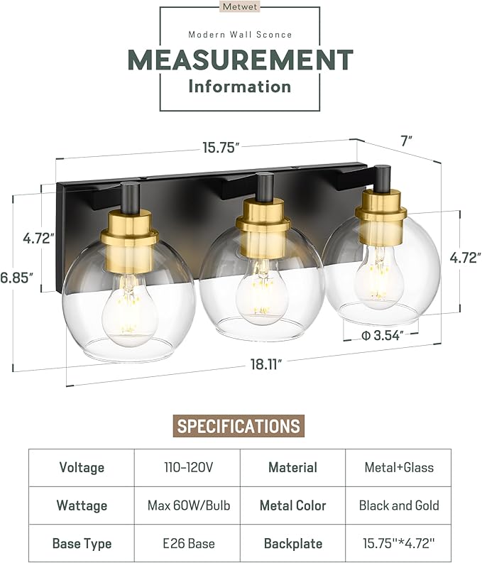 Bathroom Light Fixtures, 3-Light Black and Gold Bathroom Vanity Light, Modern Wall Sconces with Globe Clear Glass Shade, Vanity Lighting Fixtures Over Mirror, VL195-KG-3