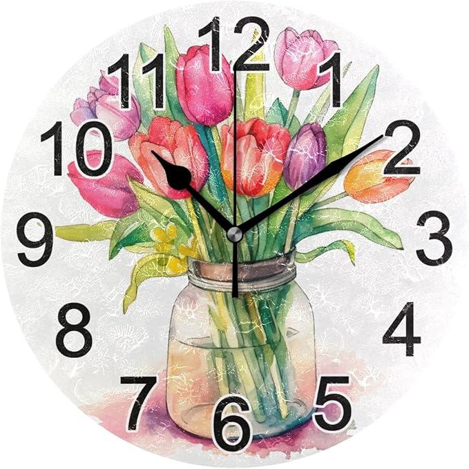 Tulips Bouquet Vase Wall Clock Non Ticking Silent Kitchen Clock Spring Flower Large Battery Operated Clocks 10 inch for Living Room Bedroom Decor