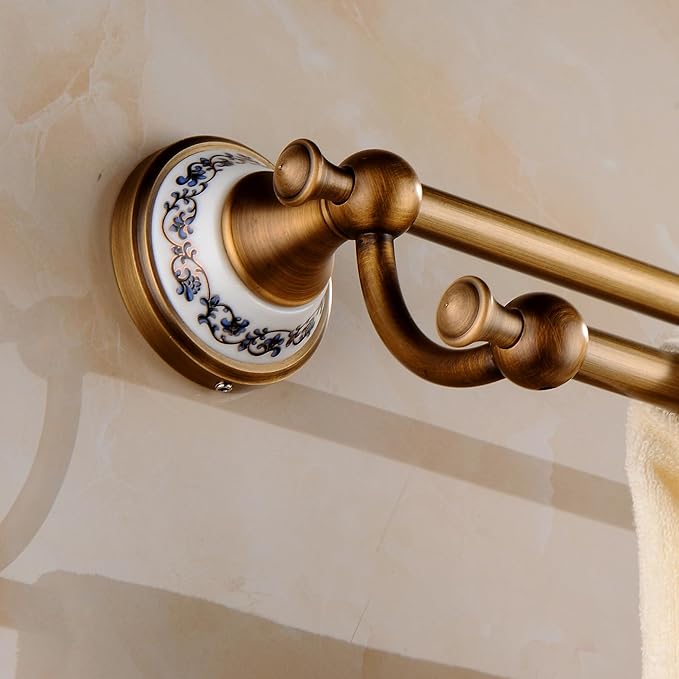 Antique Bronze Brass Double Towel Bar,Adjustable 15.5 to 27.5 Inch Bath Towel Bar Rack for Bathroom Towel Holder, Wall Mounted Bathroom Hardware Accessories,Porcelain Design