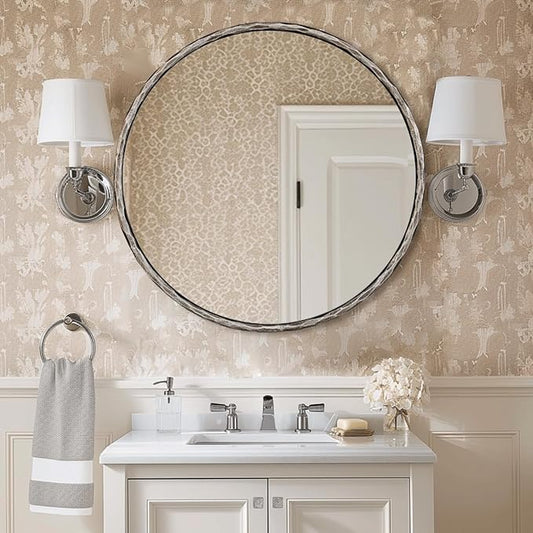 ANDY STAR 30 Inch Bathroom Round Mirrors, Silver Hand-Forged Circle Wall Mirrors with Metal Frame, Antique Round Mirror for Wall, Livingroom, Entryways, Solid Steel, Anti-Rust