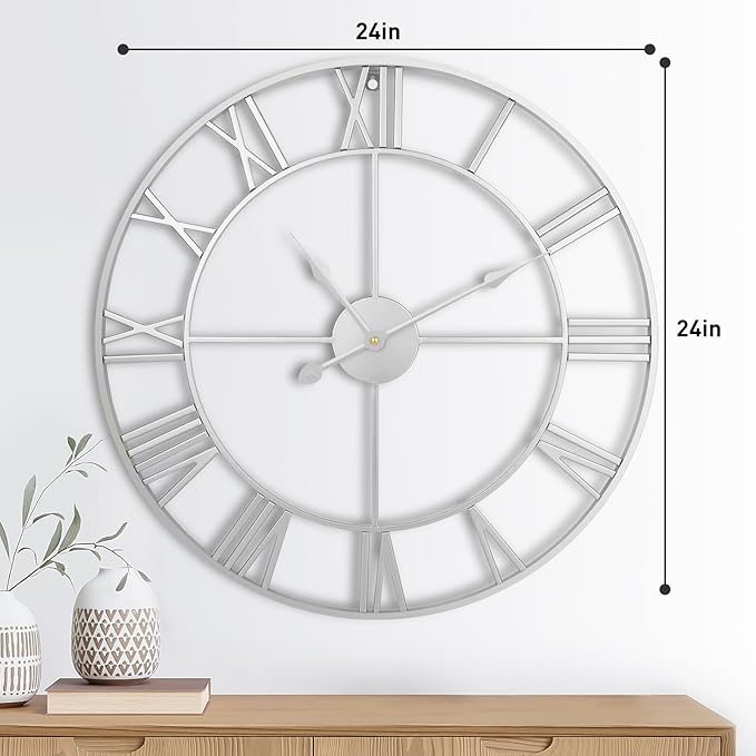 Large Wall Clock, 24-Inch(60CM) Roman Numeral Decorative Art,Completely Silent, Non Ticking, Battery-Operated Metal for Living Room, Bedroom and Kitchen-Silver