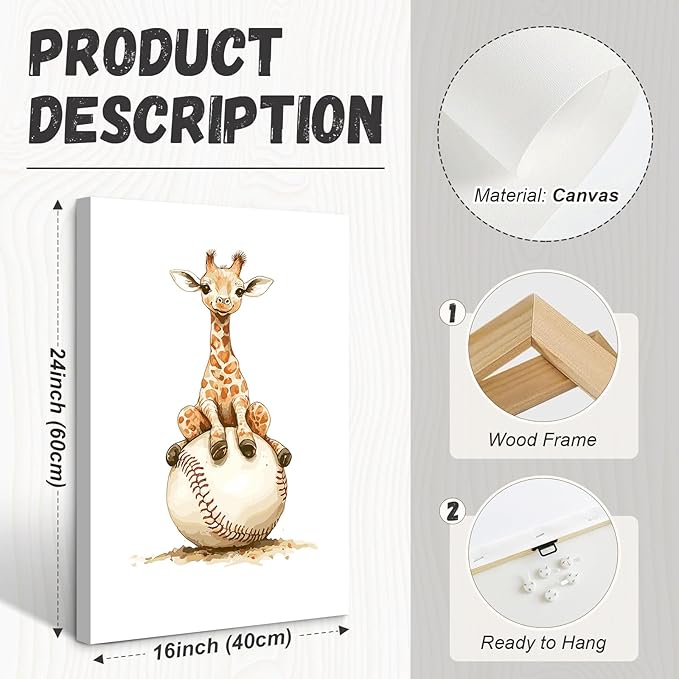 Sports Nursery Wall Art Baby Boys Room Canvas Pictures Safari Animal Wall Decor Jungle Nursery Prints Kids Poster Cute Painting Football Soccer Baseball Artwork for Bedroom 16x24x3 Inch Ready to Hang