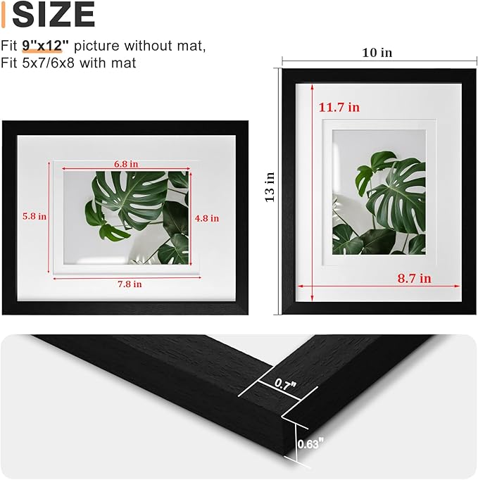 Egofine 9x12 Picture Frames 4PCS Covered by Plexiglass, Wood Frames for Pictures 5x7/6x8 with Mat or 9x12 without Mat, Tabletop and Wall Mounting Display, Black with Texture