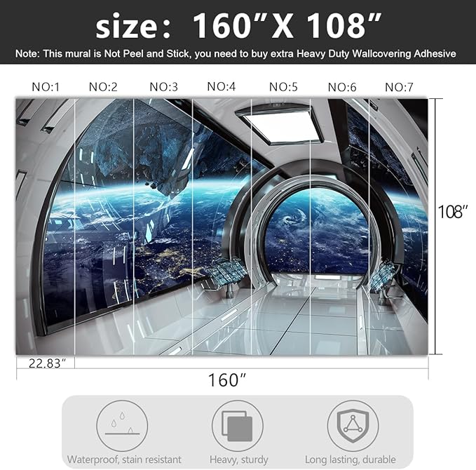 -3D Capsule Space Fabric Wallpaper Living Room Bedroom Bathroom Boys Girls Children's Room Spaceship Large Mural- 160"x108"（ not Peel and Stick）
