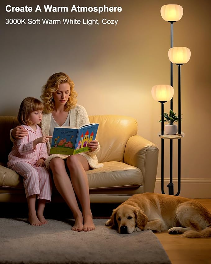 Lightdot Black Floor Lamp with Table, Modern Dimmable Floor Lamps with Pumpkin Lampshade, 3000K Soft Warm White Bulbs Included, 3-Light Tall Standing Lamp for Living Room/Bedroom