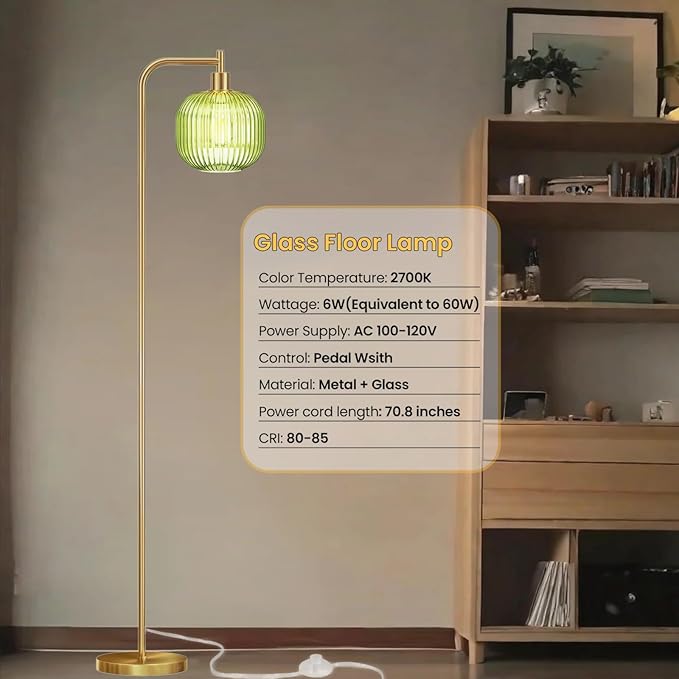 Glass Floor Lamp,67" Modern Standing Lamp with Green Ribbed Glass Lampshade Metal Pole for Living Room, Bedroom, Office - Heavy Base,Pedal Switch(Include E26 Bulb)