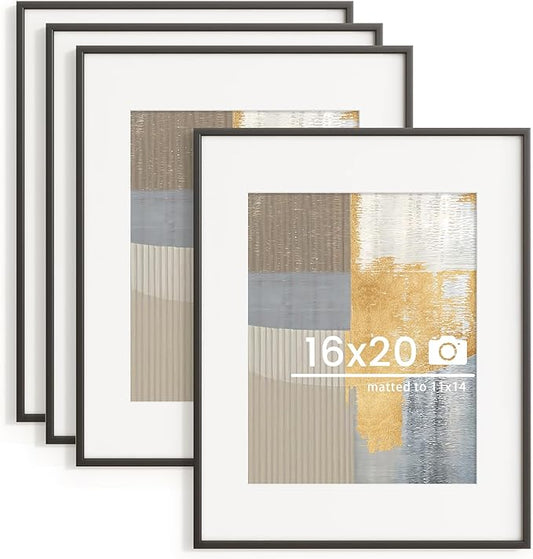 16x20 inch Metal Picture Frame - 16 x 20 Thin Aluminum Photo Frames with 11x14 Removable Mat - High Definition Plexiglass - Vertical and Horizontal Display - Wall Hook Hanging Hardware Included - Black, Set of 4