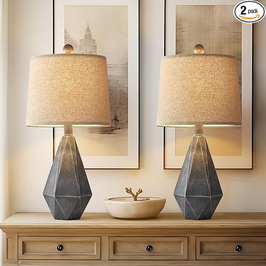 PoKat 20.25" Rustic Farmhouse Table Lamp Sets of 2 for Living Room Bedroom Deep Grey Contemporary Classic Bedside Nightstand Lamp with White Fabric Shade, Suitable for Small Place