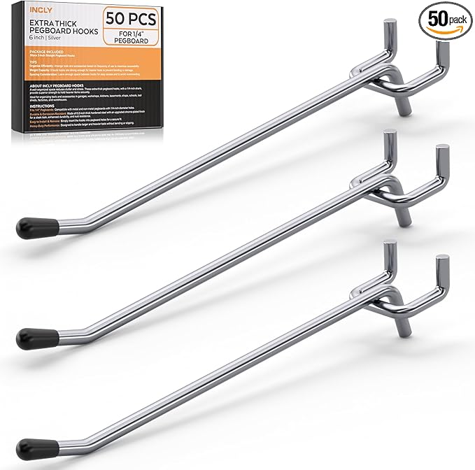 INCLY 50 Pack 6 Inch Pegboard Hooks, 1/4" Heavy Duty Peg Board Hooks Accessories with Rubber Tipped, Peg Board Tool Hangers Fit 1/4" Pegboard for Hanging Tools Garage, Craft Room, Kitchen, Store