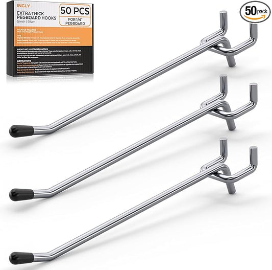 INCLY 50 Pack 6 Inch Pegboard Hooks, 1/4" Heavy Duty Peg Board Hooks Accessories with Rubber Tipped, Peg Board Tool Hangers Fit 1/4" Pegboard for Hanging Tools Garage, Craft Room, Kitchen, Store