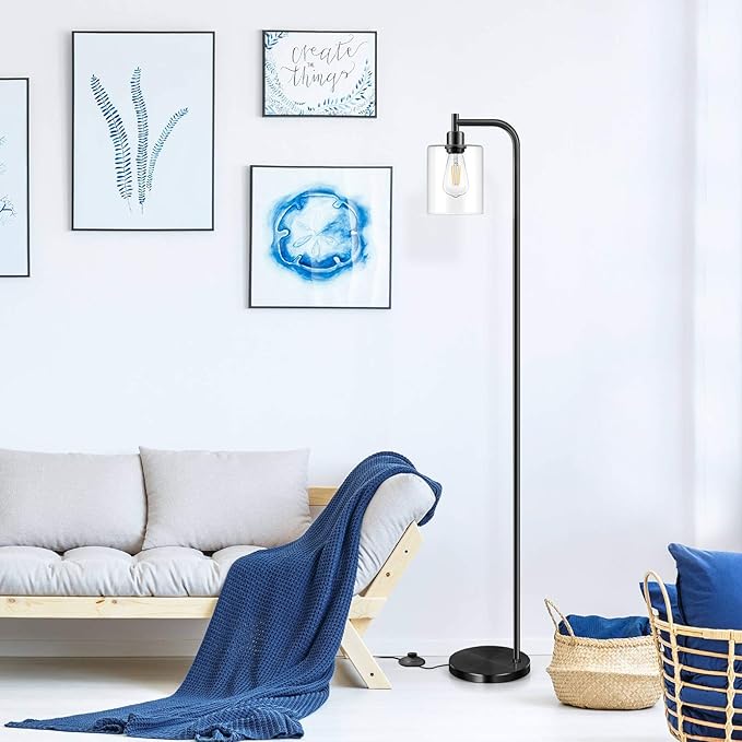 Industrial Floor Lamp with Hanging Glass Shade Black Farmhouse Indoor Pole Light with Edison E26 Base Vintage Rustic Standing Tall Lighting for Living Room Bedroom Office(ST64 Bulb Included)