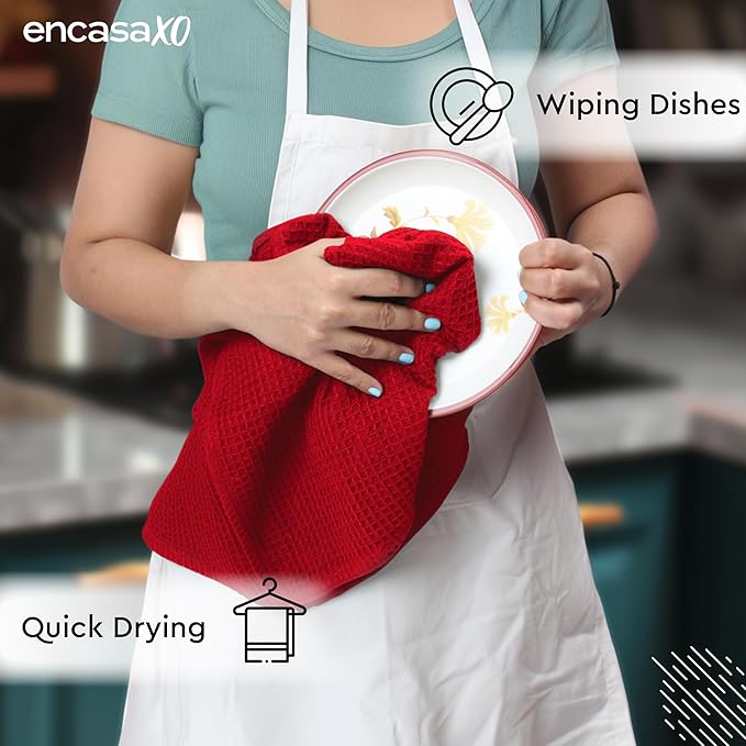 Encasa XO Kitchen Dish Towels Set | Red | Waffle Weave and Flat Hand Tea Towel | 28&quot;x18&quot; | Quick Drying Reusable Cotton Washcloths | Multipurpose Lightweight Dishcloths Set of 4